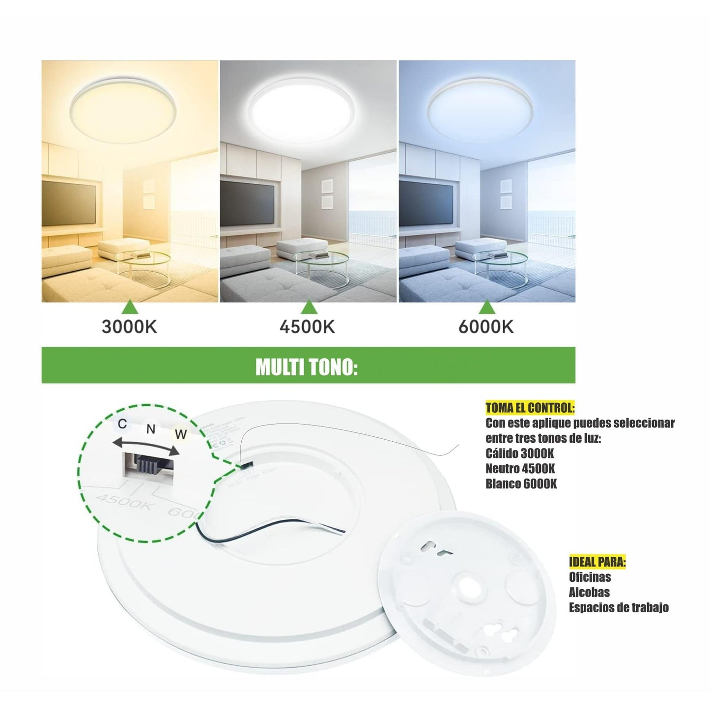 Lampara Plafón De Techo O Pared Multitono 3000, 4500 Y 6000k