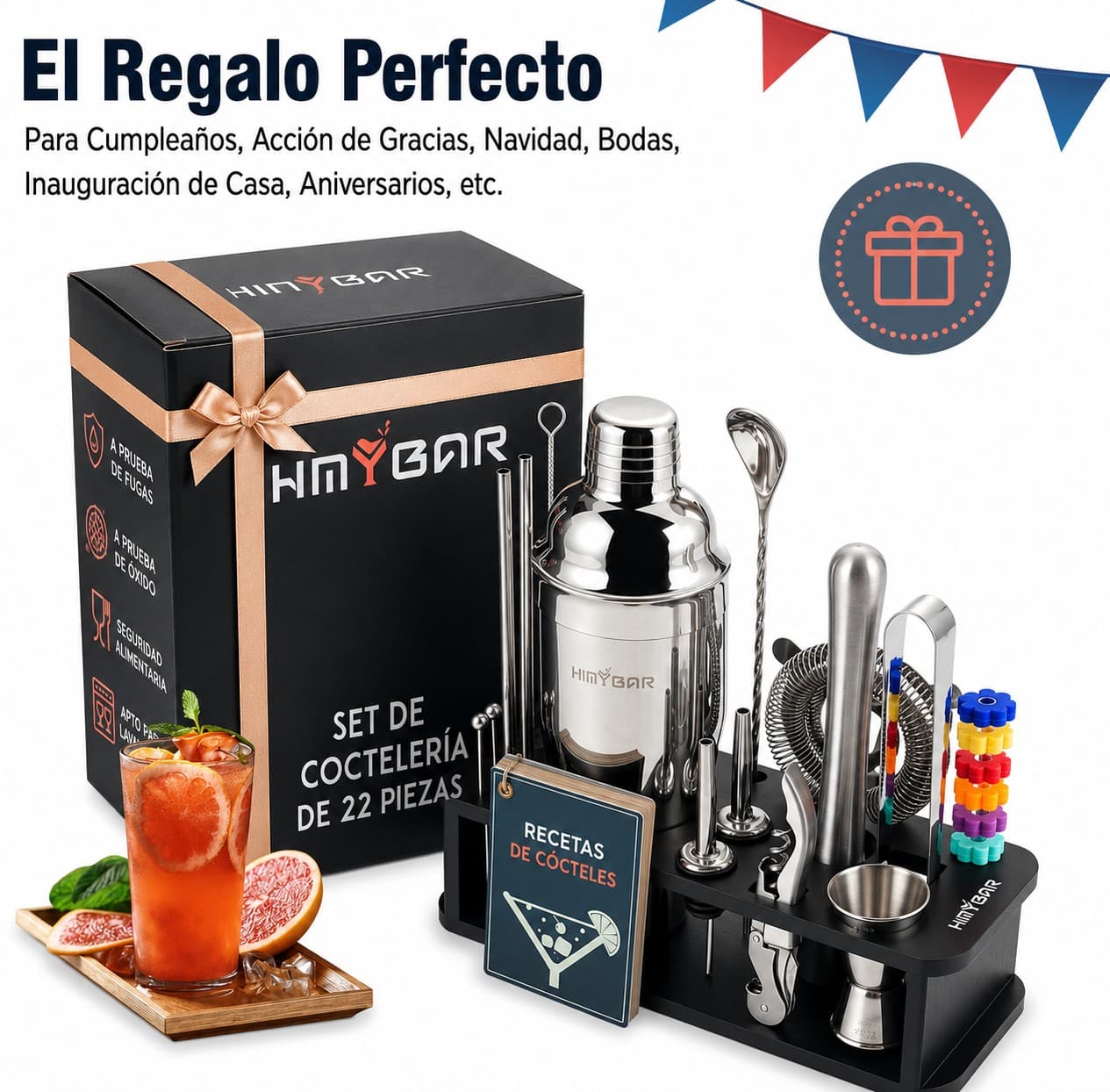 Kit Coctelero Profesional 22 Piezas Acero Inoxidable Premium
