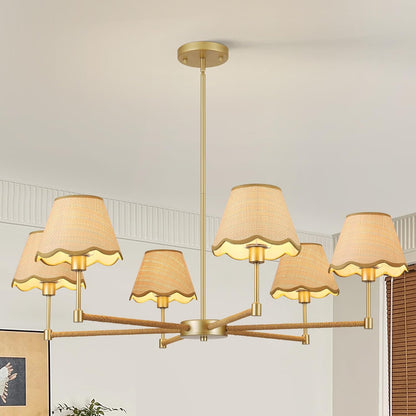 Lámpara Colgante Dorada 6 Luces Con Pantallas De Ratan