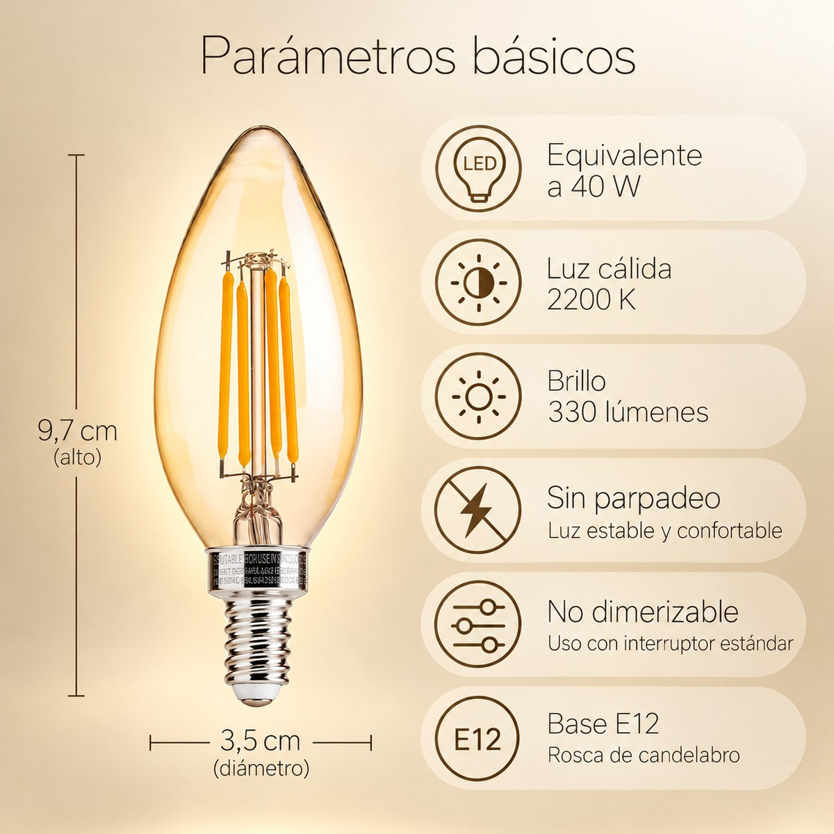 Bombillo LED Vela E12 4W Luz Cálida 2200K Tipo Filamento