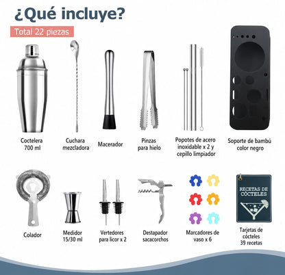 Kit Coctelero Profesional 22 Piezas Acero Inoxidable Premium