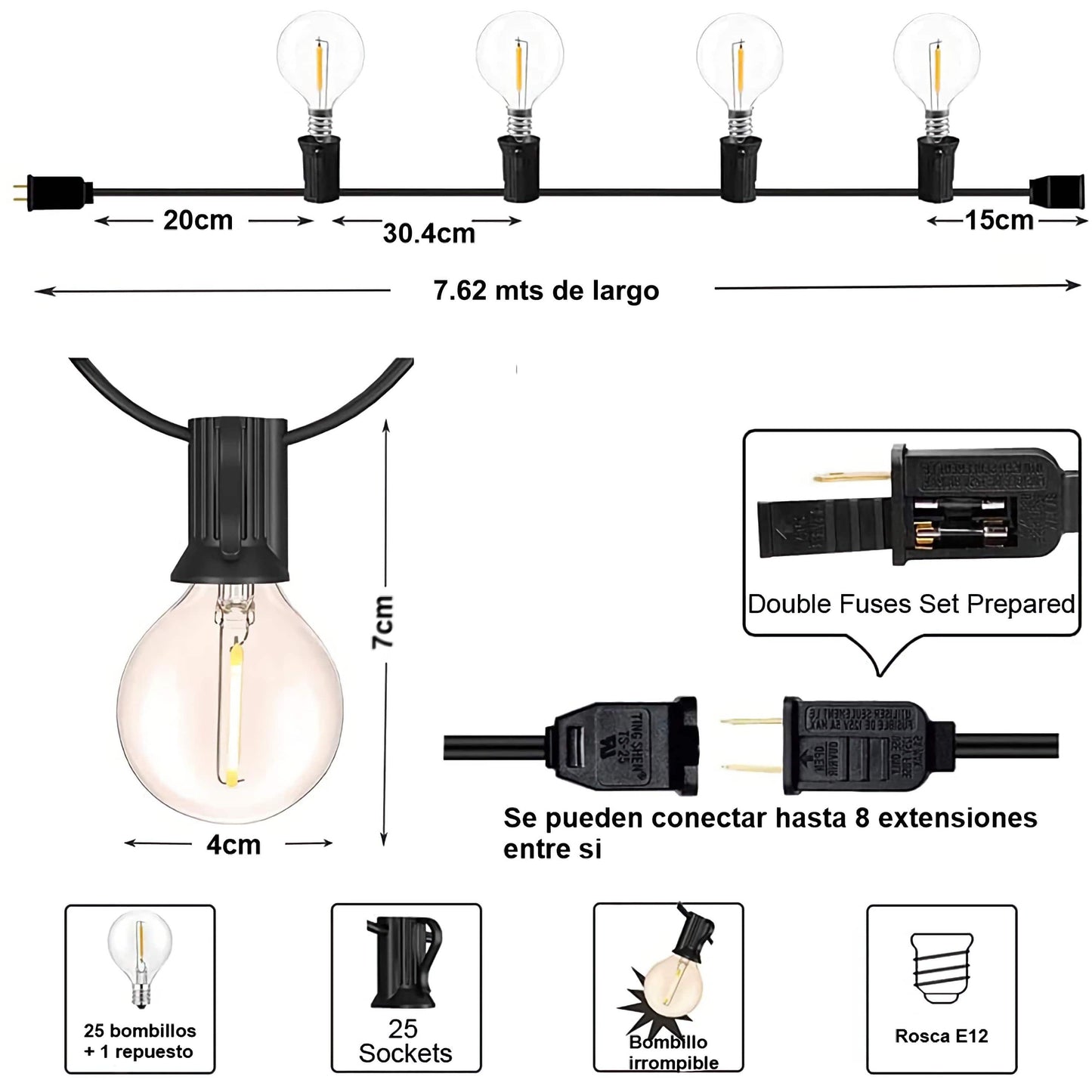 Extension Bombillos Vintage Led Exteriores Con Conector