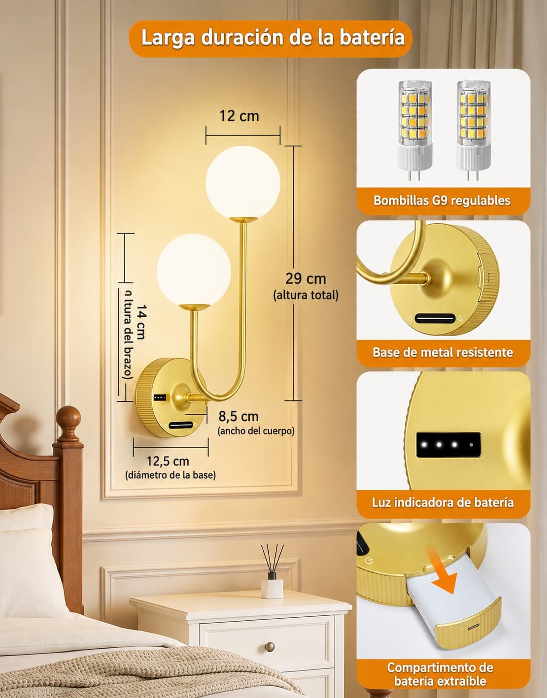 Lámpara Aplique Pared Led Recargable Con Control Remoto