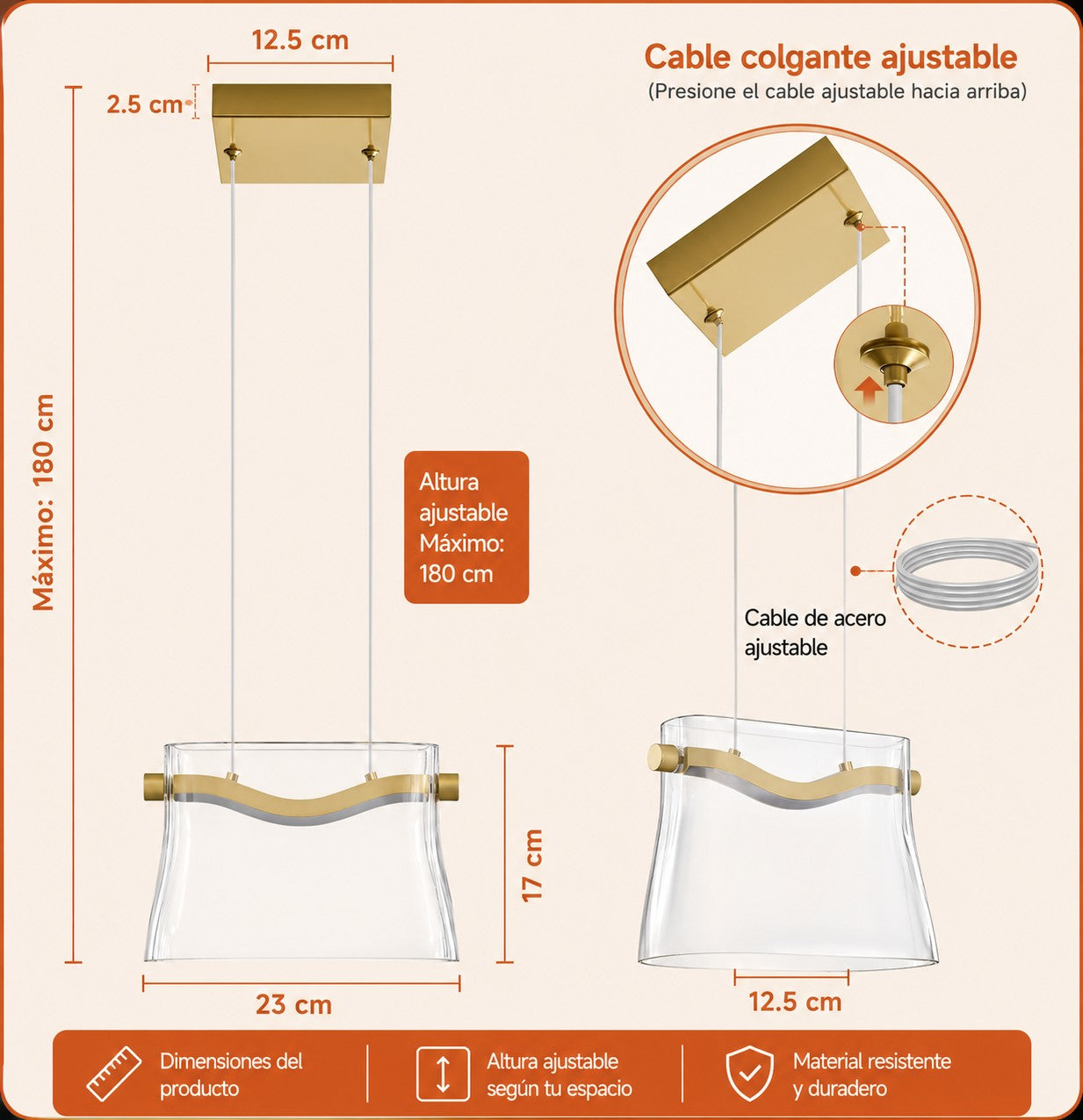 Lámpara Colgante Cristal Led Moderna Dorada Regulable