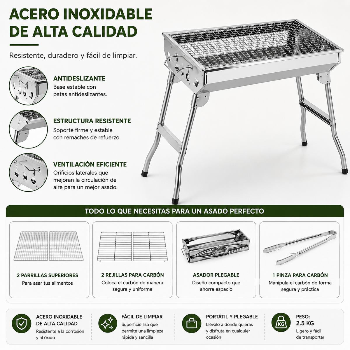 Parrilla Asador Al Carbón Plegable Grande 100% Acero Inoxidable