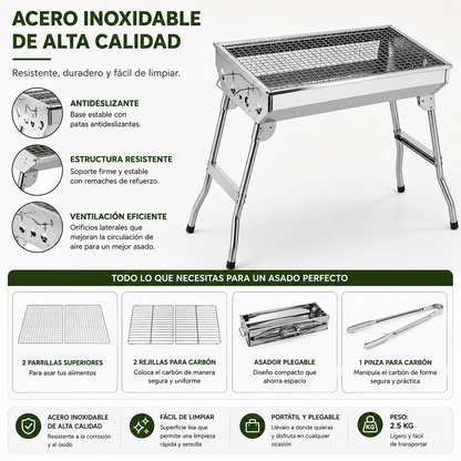 Parrilla Asador Al Carbón Plegable Grande 100% Acero Inoxidable