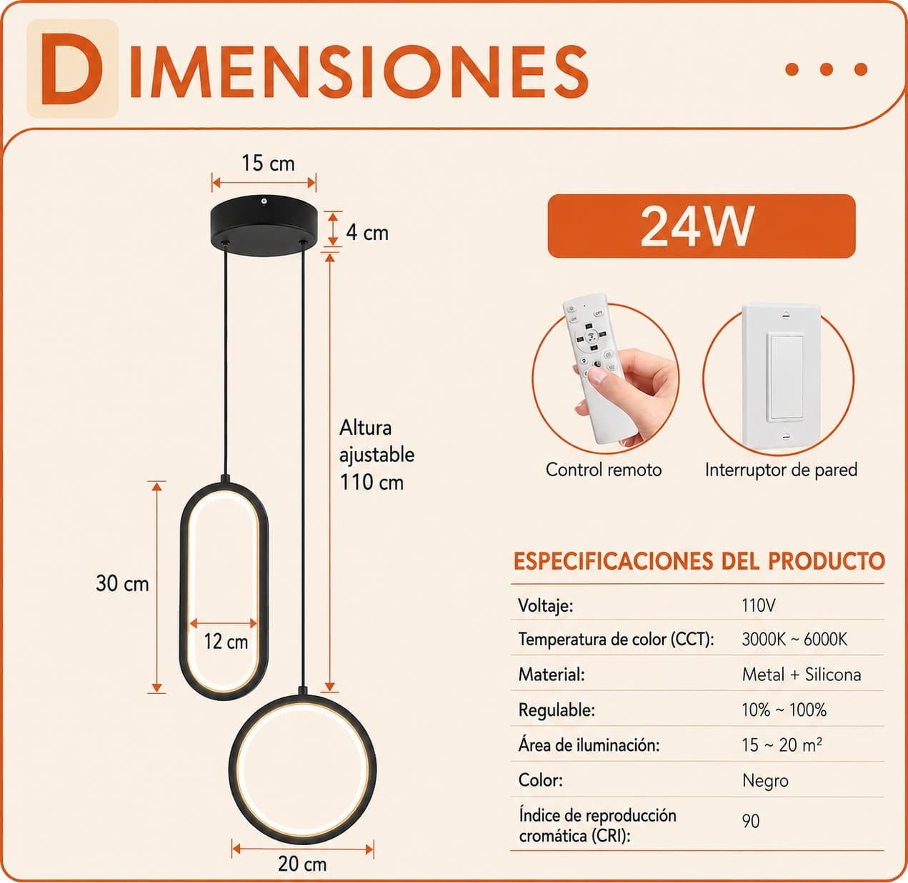 Lámpara Colgante Led Moderna 48w Control Remoto Regulable