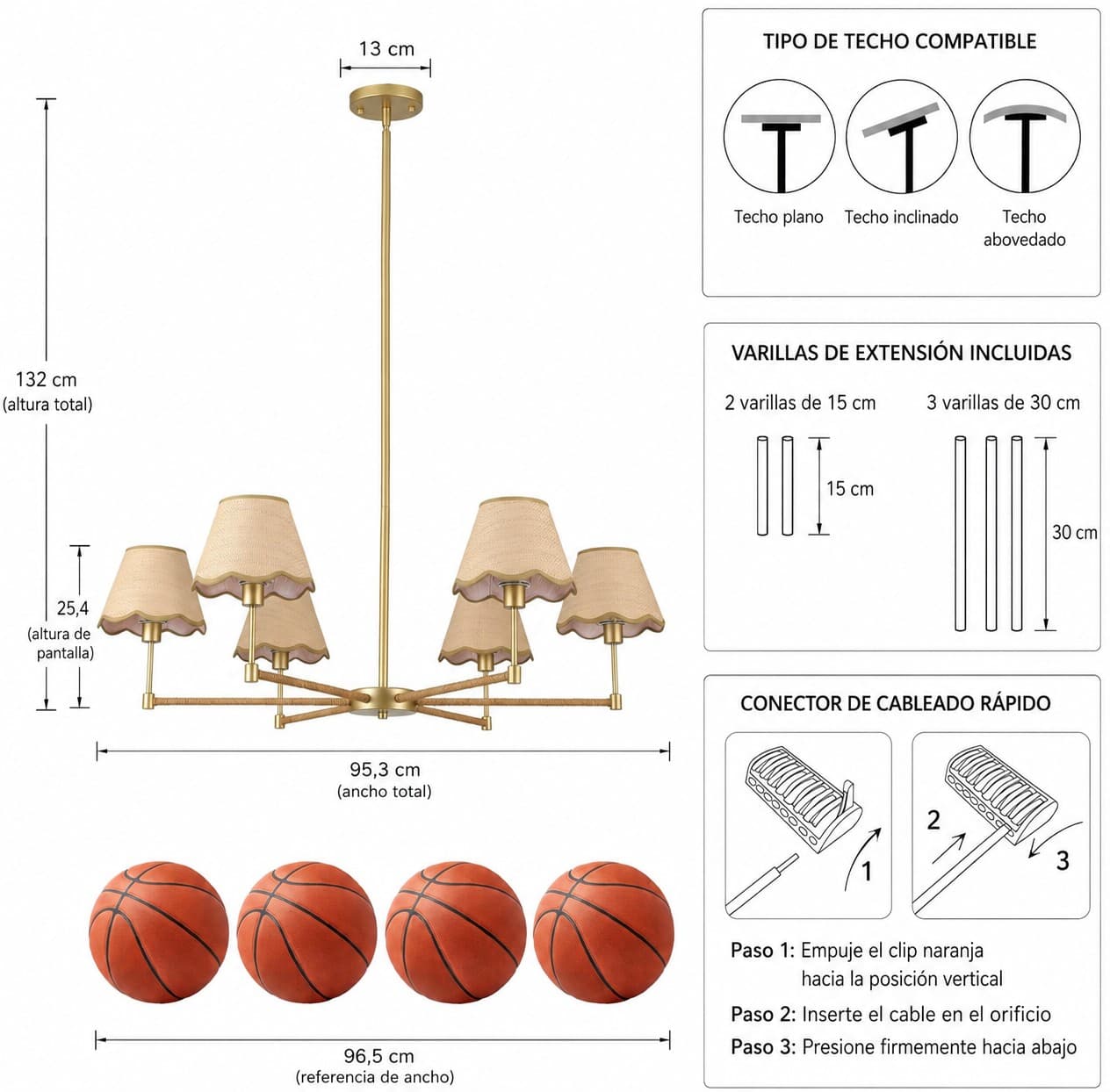 Lámpara Colgante Dorada 6 Luces Con Pantallas De Ratan