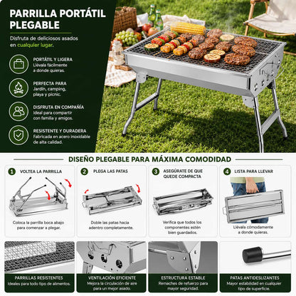 Parrilla Asador Al Carbón Plegable Grande 100% Acero Inoxidable