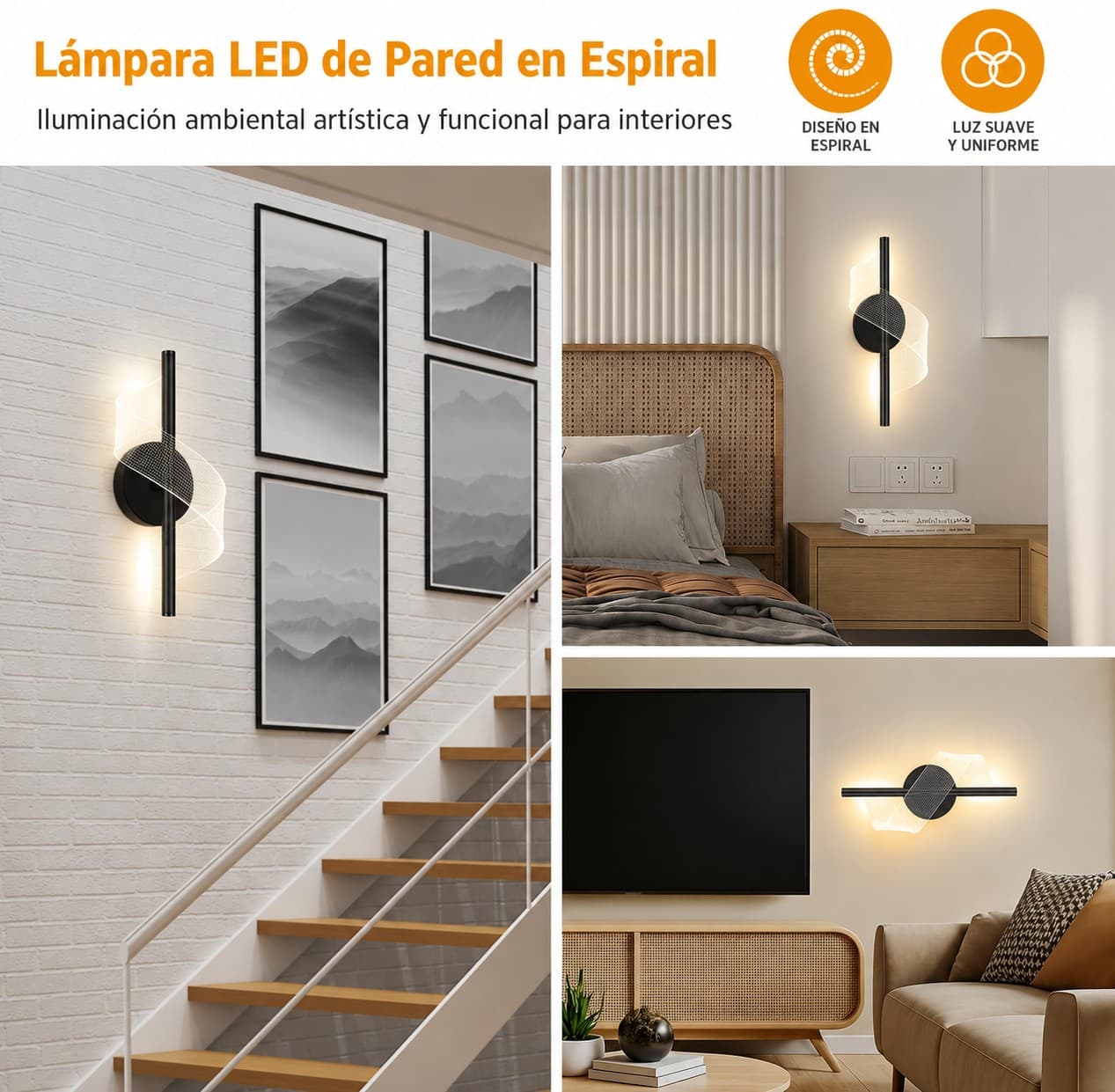Lámpara De Pared Led Moderna Diseño Espiral 3 Tonos De Luz