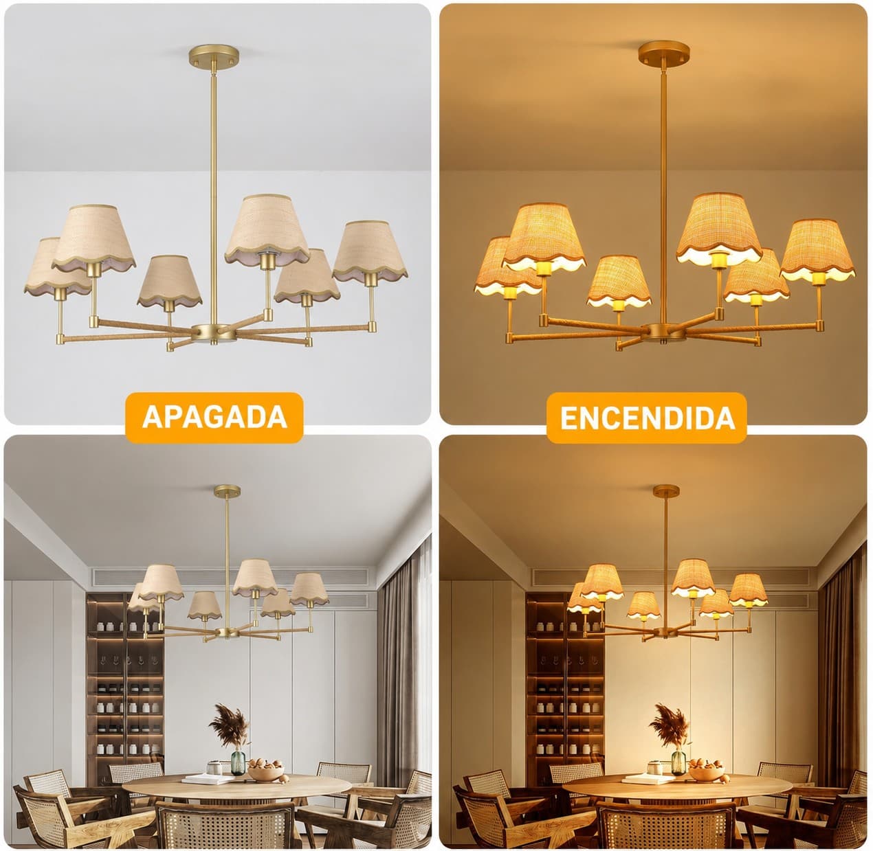 Lámpara Colgante Dorada 6 Luces Con Pantallas De Ratan
