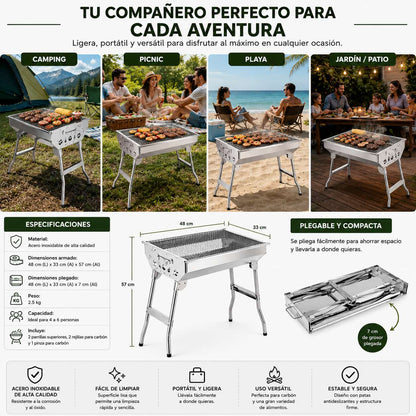Parrilla Asador Al Carbón Plegable Grande 100% Acero Inoxidable