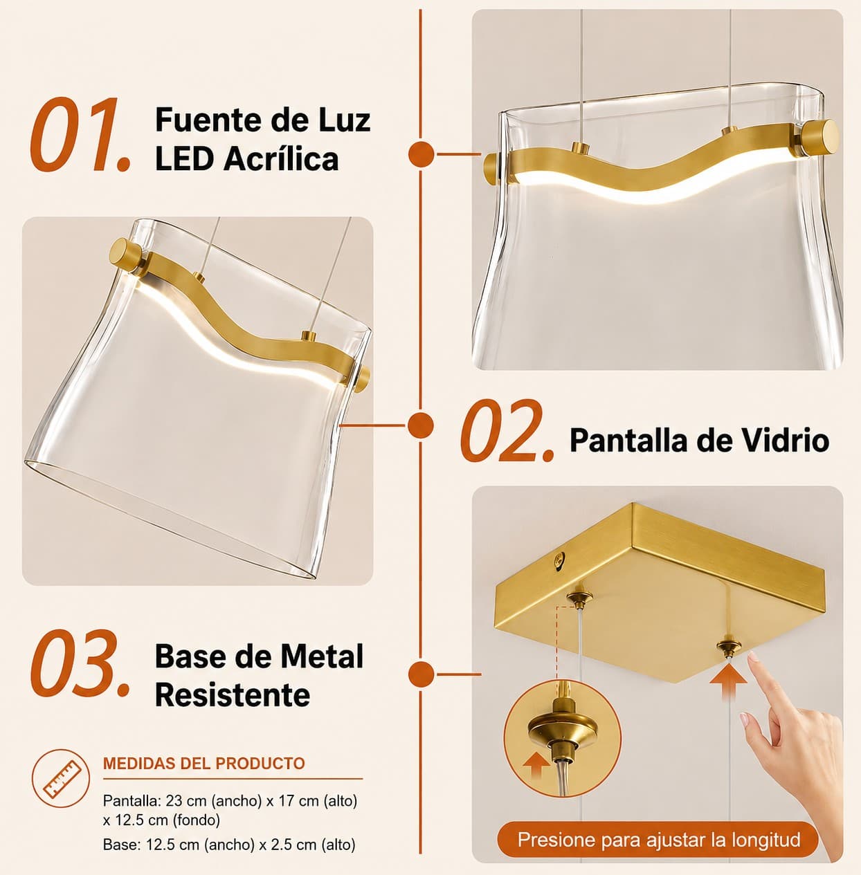 Lámpara Colgante Cristal Led Moderna Dorada Regulable