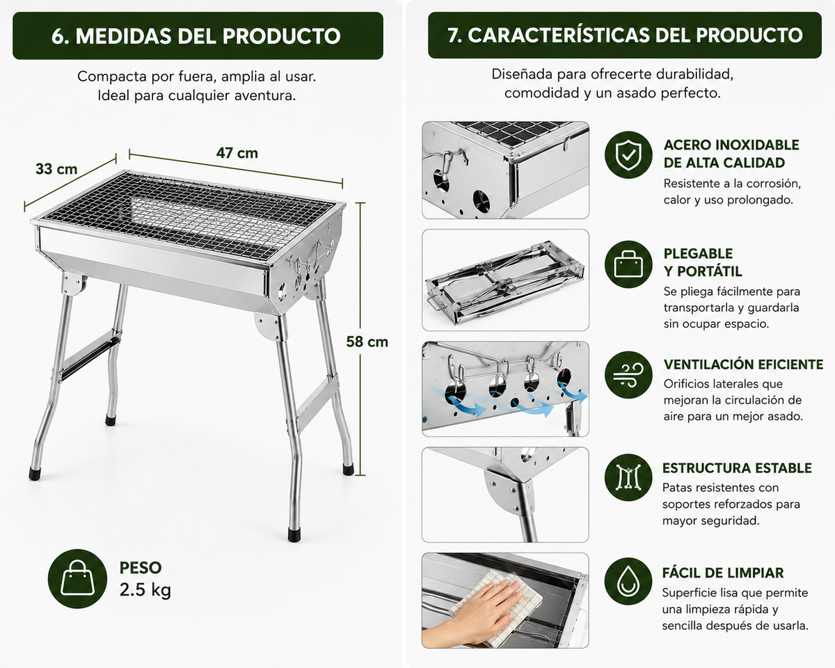 Parrilla Asador Al Carbón Plegable Grande 100% Acero Inoxidable