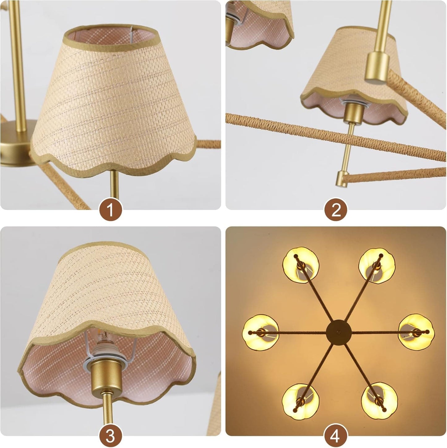 Lámpara Colgante Dorada 6 Luces Con Pantallas De Ratan
