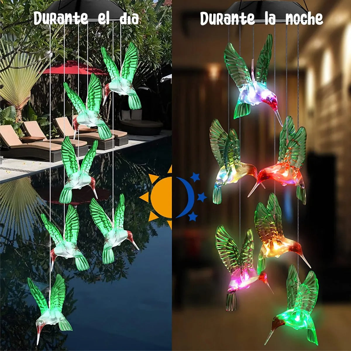 Carrillón Solar Para Jardín De Colibries. Cambia De Color